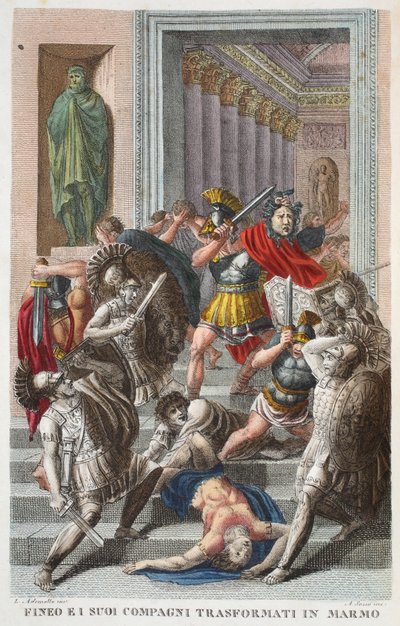 フィニアスとフレンズオブストーンまたはフィネオへei suoi Compagni Transformati in Marmo、Book V、illustration from Ovid&39;s Metamorphoses、Florence、1832（hand-coloured engraving） 作： Luigi Ademollo